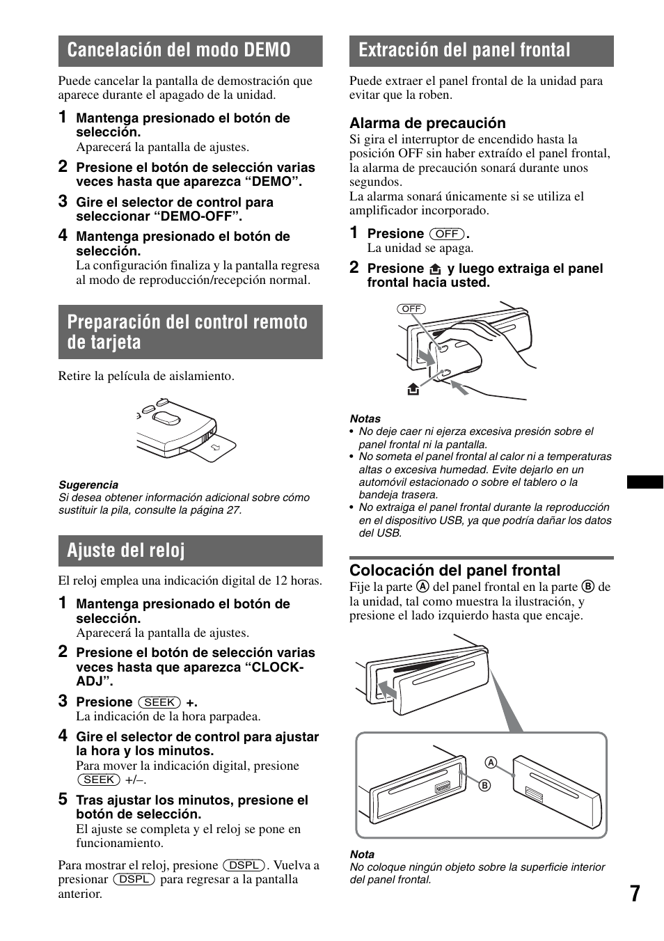 Cancelación del modo demo, Preparación del control remoto de tarjeta, Ajuste del reloj | Extracción del panel frontal, Colocación del panel frontal | Sony MEX-BT3700U User Manual | Page 37 / 64