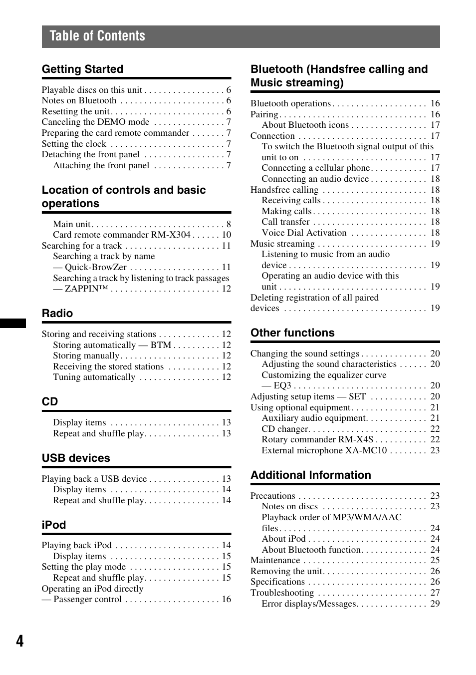 Sony MEX-BT3700U User Manual | Page 4 / 64