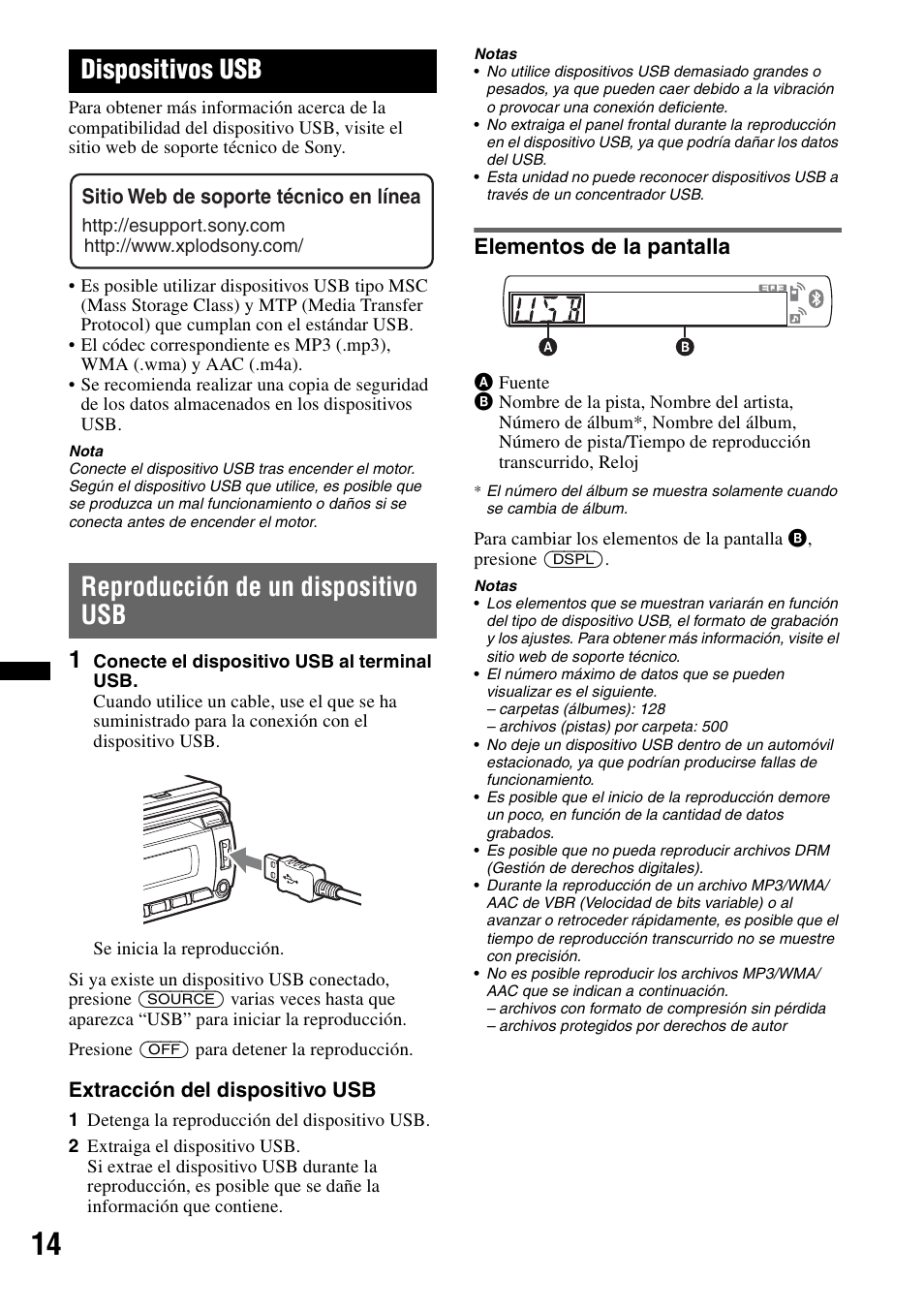 Dispositivos usb, Reproducción de un dispositivo usb, Elementos de la pantalla | Sony MEX-BT3700U User Manual | Page 44 / 64