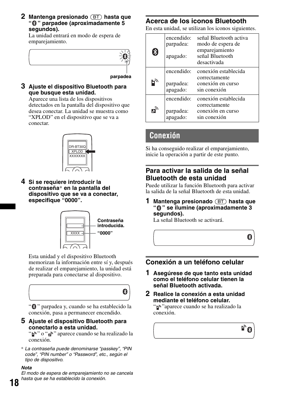 Acerca de los iconos bluetooth, Conexión, Conexión a un teléfono celular | Sony MEX-BT3700U User Manual | Page 48 / 64