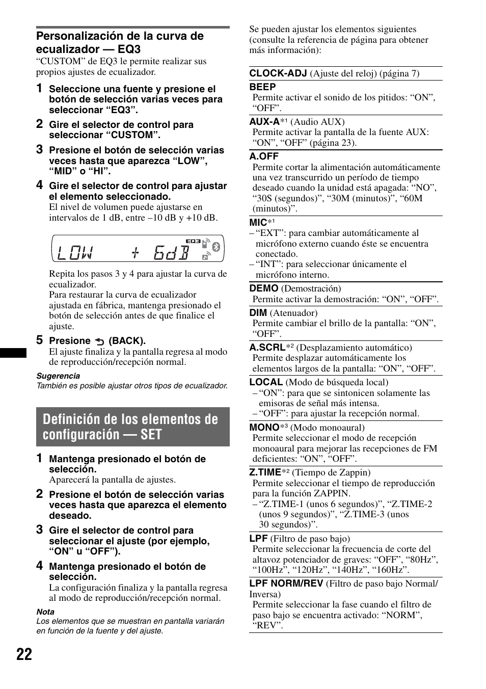 Personalización de la curva de ecualizador - eq3, Definición de los elementos de configuración - set, Personalización de la curva de ecualizador — eq3 | Definición de los elementos de configuración — set | Sony MEX-BT3700U User Manual | Page 52 / 64