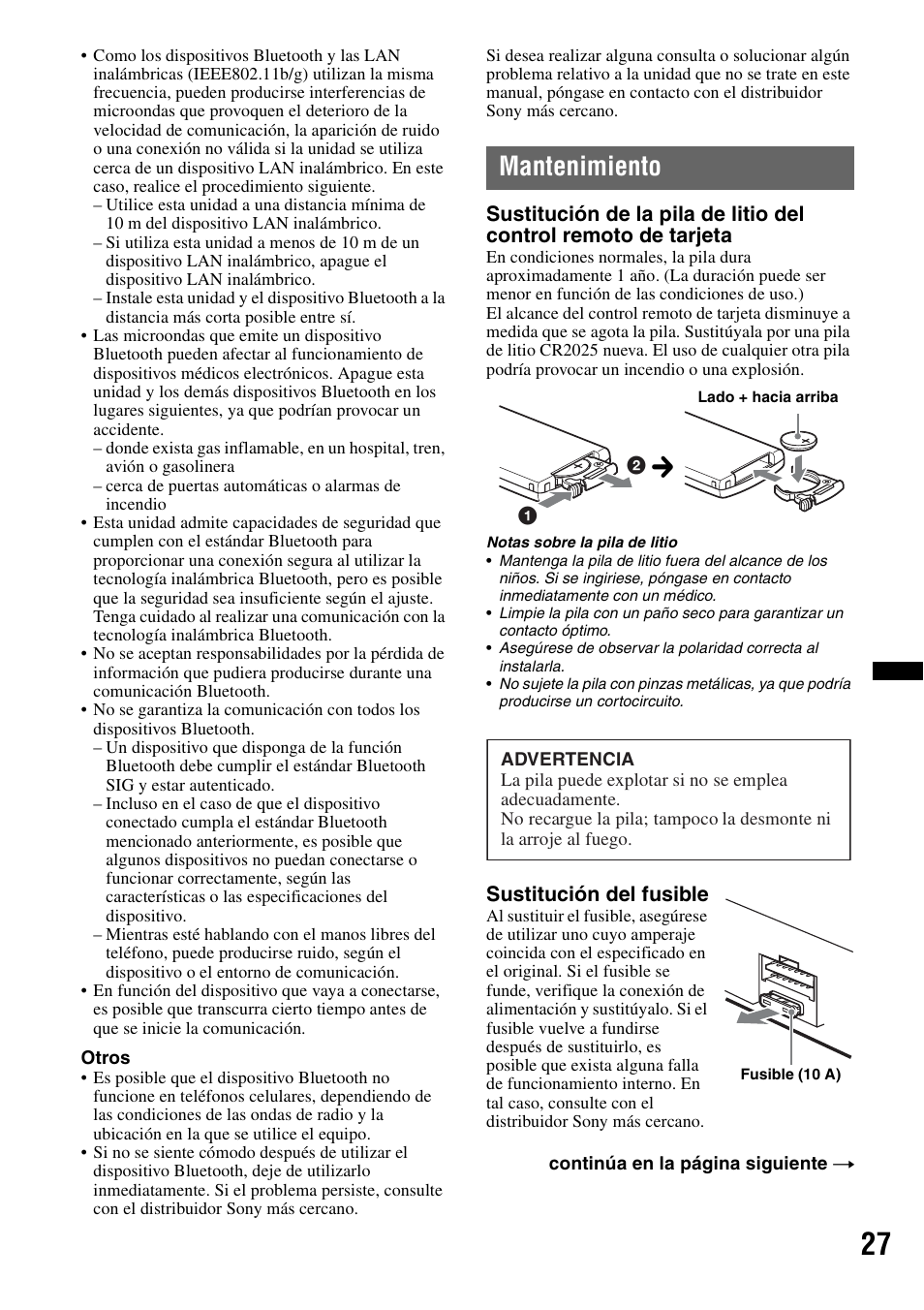 Mantenimiento | Sony MEX-BT3700U User Manual | Page 57 / 64