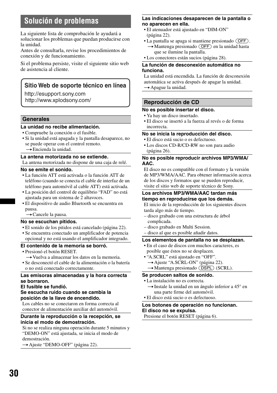 Solución de problemas, Sitio web de soporte técnico en línea | Sony MEX-BT3700U User Manual | Page 60 / 64