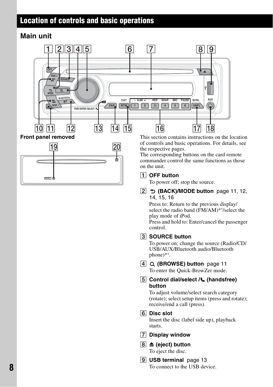 Location of controls and basic operations, Main unit, W; ql | Sony MEX-BT3700U User Manual | Page 8 / 64