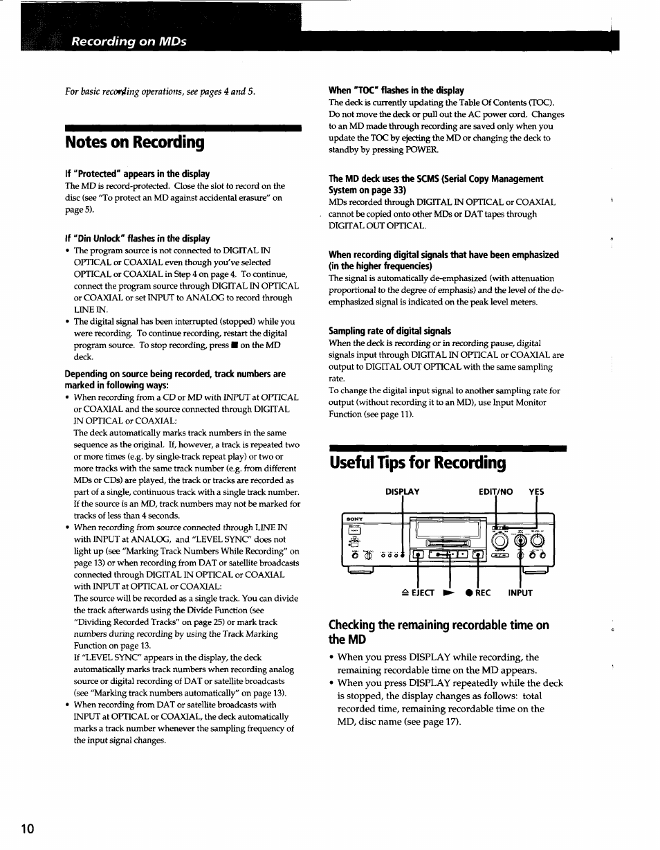 Notes on recording, If "protected" appears in the display, If "din unlock" flashes in the display | When "toc* flashes in the display, Sampling rate of digital signals, Useful tips for recording, Checking the remaining recordable time on the md, Notes on recording useful tips for recording | Sony MDS-JA3ES User Manual | Page 10 / 33