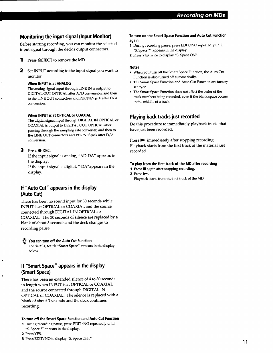 Monitoring the inf^t signal (input monitor), When input is at analog, Notes | When input is at optical or coaxial, If "auto cut" appears in the display (auto cut), You can turn off the auto cut function, Playing back tracks just recorded | Sony MDS-JA3ES User Manual | Page 11 / 33