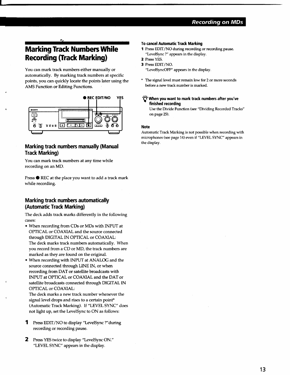 To cancel automatic track marking, Note, Recording on mds | Sony MDS-JA3ES User Manual | Page 13 / 33