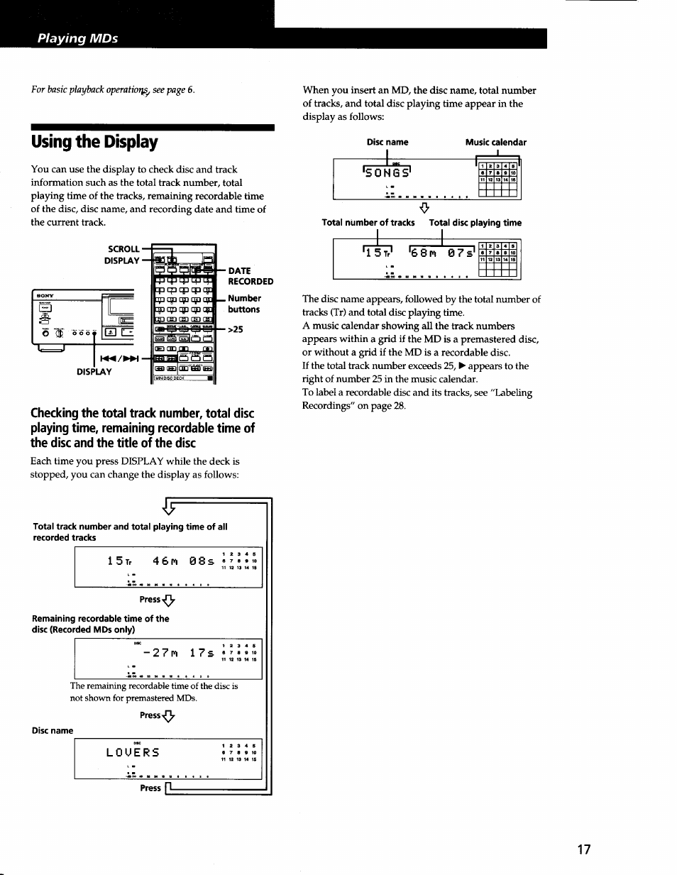 Using the display, 4's 0 n g s, 4 6 n 0 8 s | 2 7 n 1 7 s | Sony MDS-JA3ES User Manual | Page 17 / 33