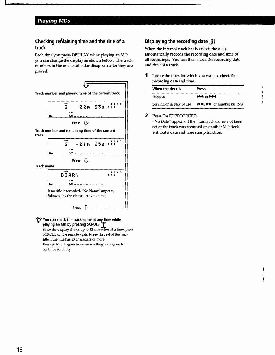 Giecking retraining time and the title of a track, Displaying the recording date jj, Playing mds | Sony MDS-JA3ES User Manual | Page 18 / 33