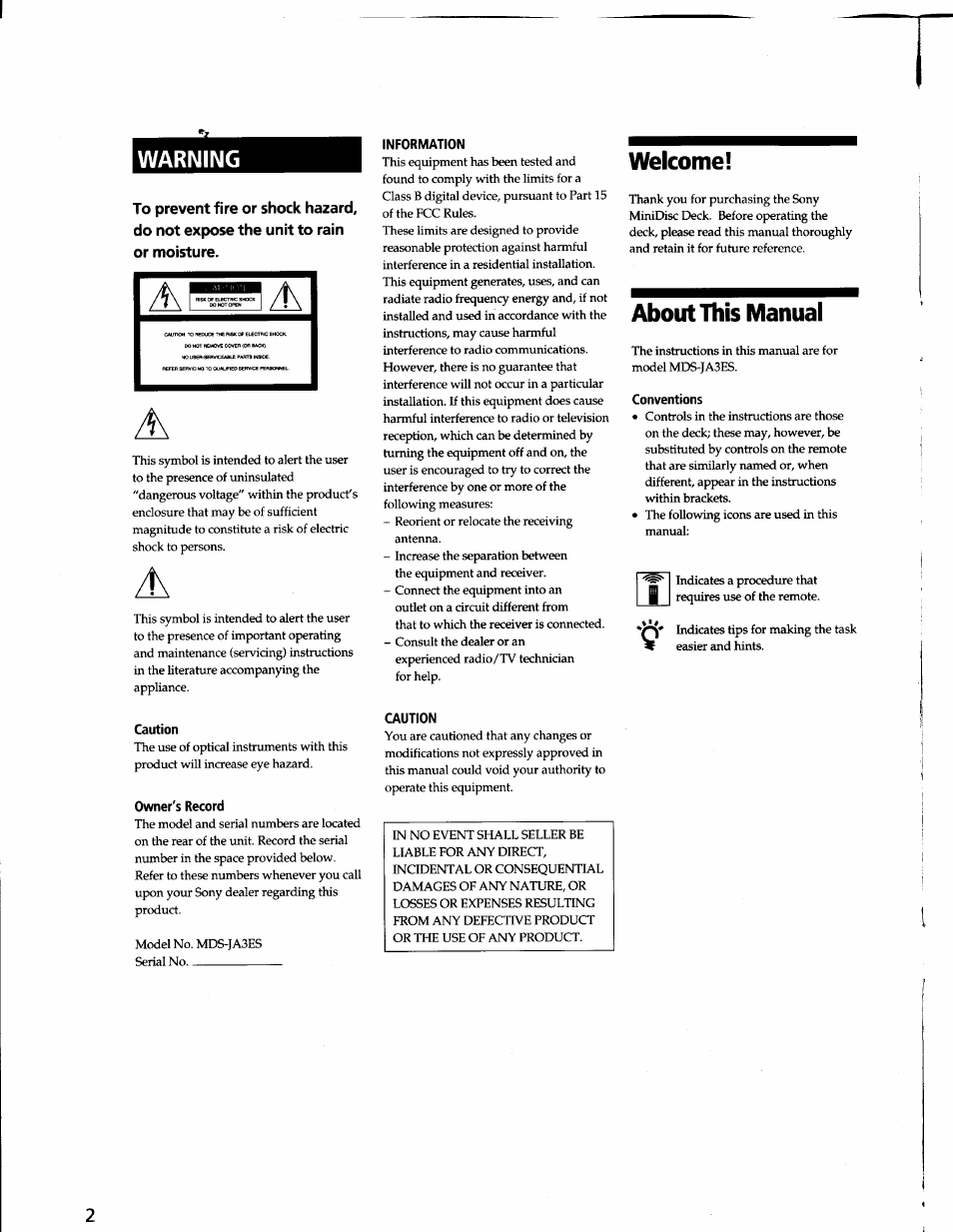 Warning, Information, Welcome | About this manual, Conventions, Caution, Owner's record | Sony MDS-JA3ES User Manual | Page 2 / 33