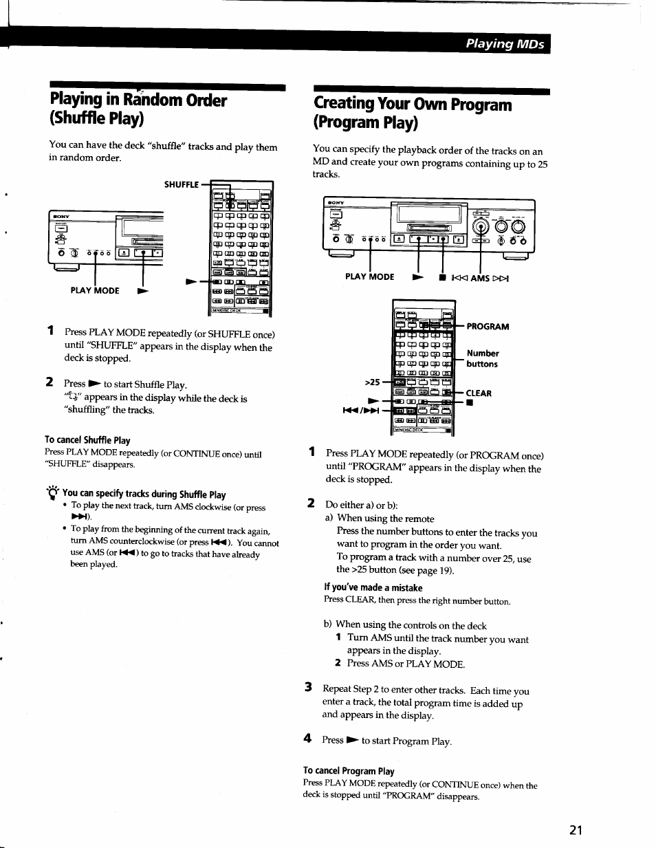 Playing in random order (shuffle play), To cancel shuffle play, Y' you can specify tracks during shuffle play | Creating your own program (program play), To cancel program play, Playing mds | Sony MDS-JA3ES User Manual | Page 21 / 33