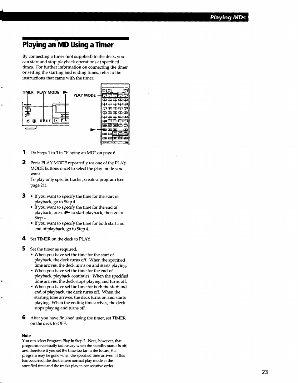 Playing an md using a tinier, Note, Playing an md using a timer | Sony MDS-JA3ES User Manual | Page 23 / 33