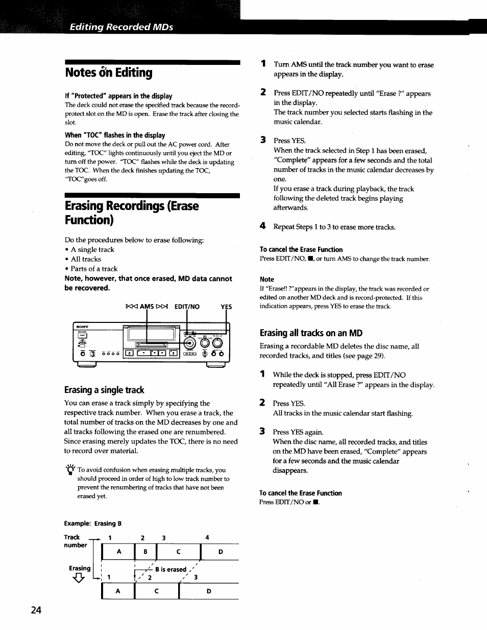 Notes on editing, If "protected" appears in the display, Erasing recordings (erase function) | Erasing a single track, To cancel the erase function, Erasing all tracks on an md, I - 1 | Sony MDS-JA3ES User Manual | Page 24 / 33