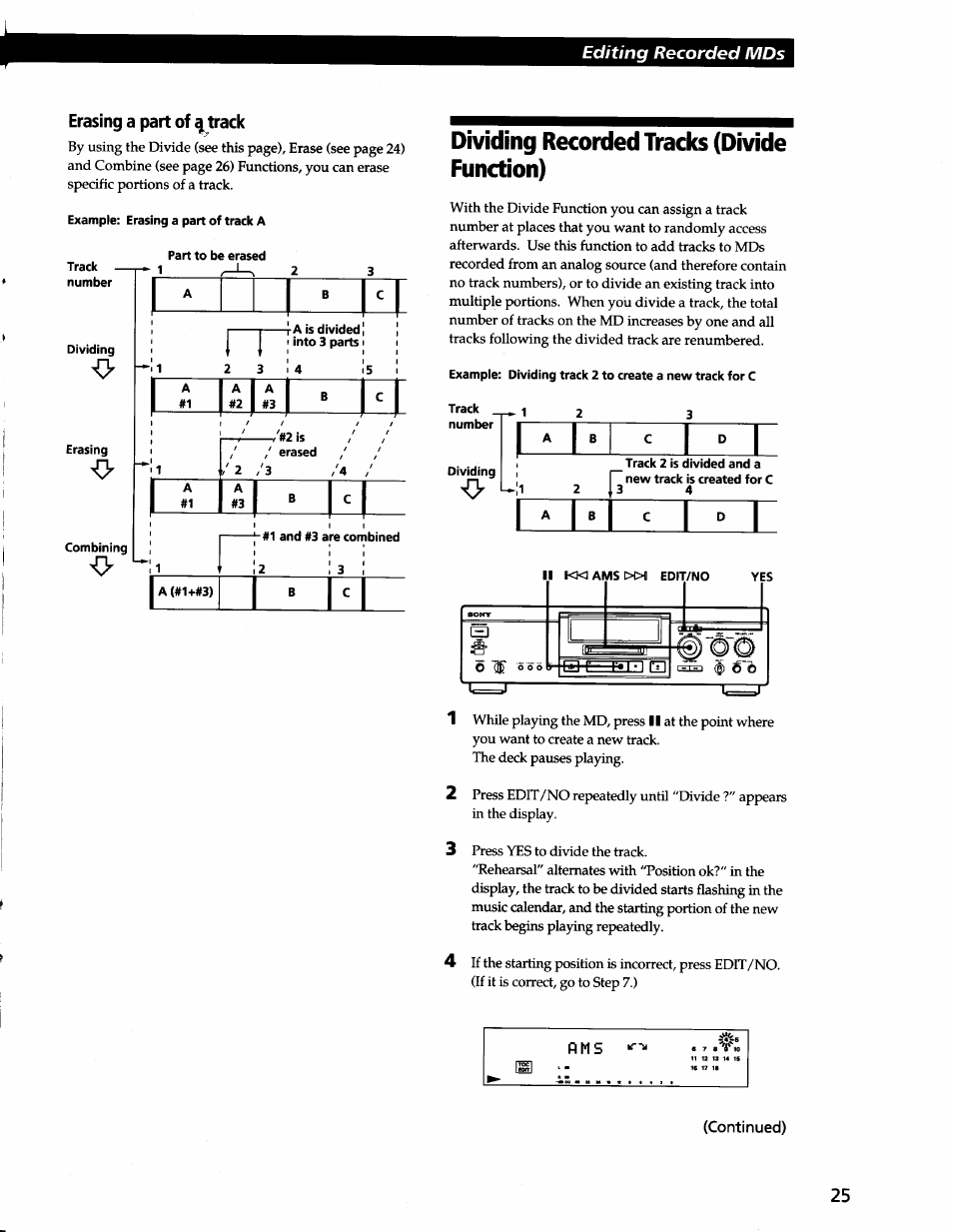 Erasing a part of f track, Dividing recorded tracks (divide function), Dividing recorded tracks (divide fimction) | Sony MDS-JA3ES User Manual | Page 25 / 33