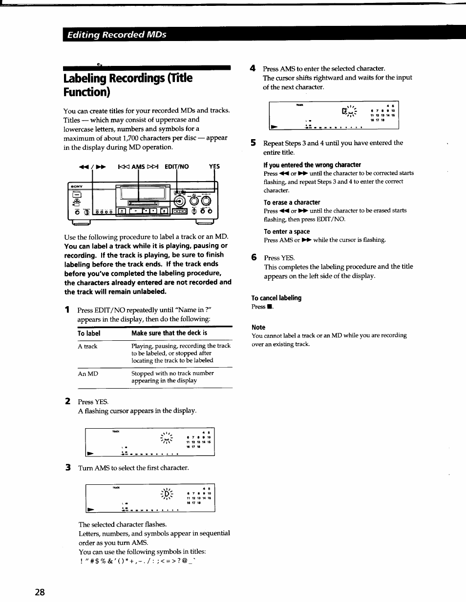 Labeling recordings (title function), To erase a character, To cancel labeling | Note, Editing recorded mds | Sony MDS-JA3ES User Manual | Page 26 / 33