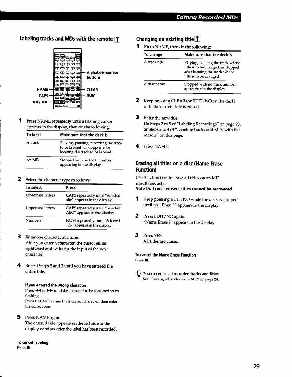 If you entered the wrong character, To cancel labeling, Erasing all titles on a disc (name erase function) | To cancel the name erase function, You can erase all recorded tracks and titles | Sony MDS-JA3ES User Manual | Page 27 / 33