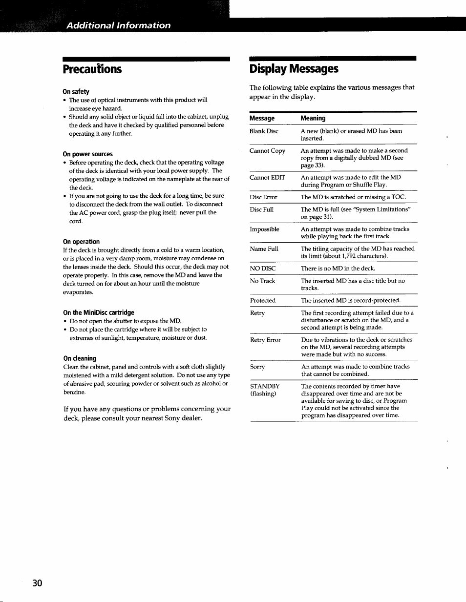 Display messages, On safety, On power sources | On operation, On the minidisc cartridge, On cleaning, Precautions display messages | Sony MDS-JA3ES User Manual | Page 28 / 33