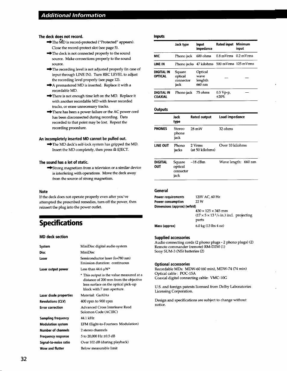 The deck does not record, An incompletely inserted md cannot be pulled out, The sound has a lot of static | Note, Inputs, Specifications, Md deck section, Additional information | Sony MDS-JA3ES User Manual | Page 30 / 33