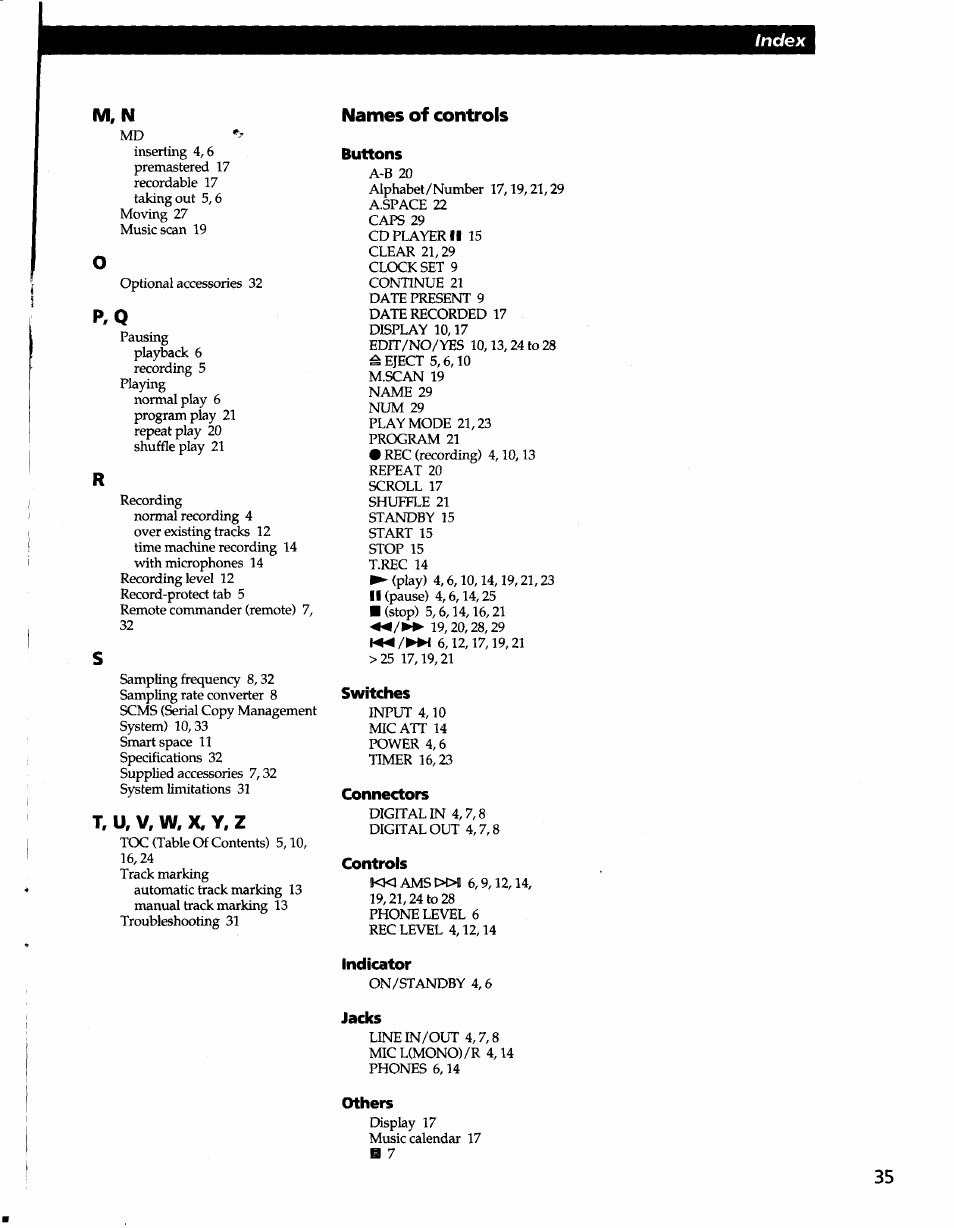 M, n, T, u. v, w. x. y. z, Names of controls | Sony MDS-JA3ES User Manual | Page 33 / 33