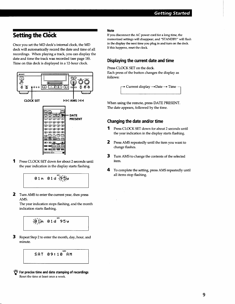 Setting the clock, Note, Displaying the current date and time | Changing the date and/or time, Getting started | Sony MDS-JA3ES User Manual | Page 9 / 33