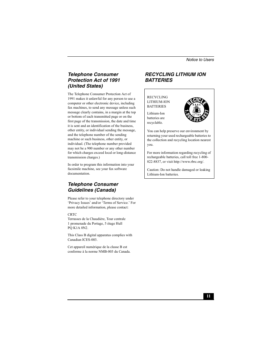 H3 - telephone consumer guidelines (canada), H3 - recycling lithium ion batteries, Telephone consumer guidelines (canada) | Recycling lithium ion batteries | Sony PCG-V505BC User Manual | Page 11 / 76