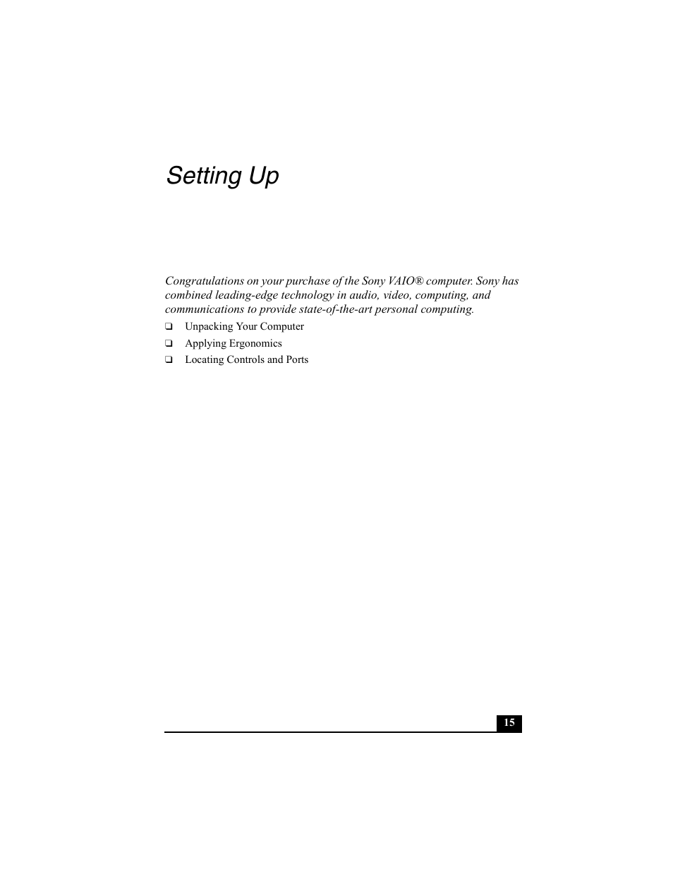 H1 - setting up, Setting up | Sony PCG-V505BC User Manual | Page 15 / 76