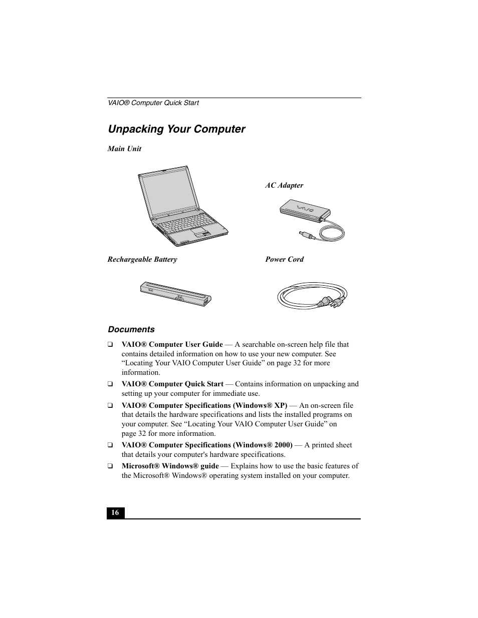 H2 - unpacking your computer, Unpacking your computer | Sony PCG-V505BC User Manual | Page 16 / 76