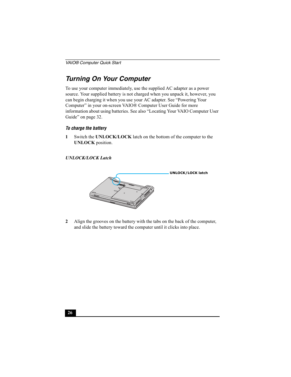 H2 - turning on your computer, Turning on your computer | Sony PCG-V505BC User Manual | Page 26 / 76