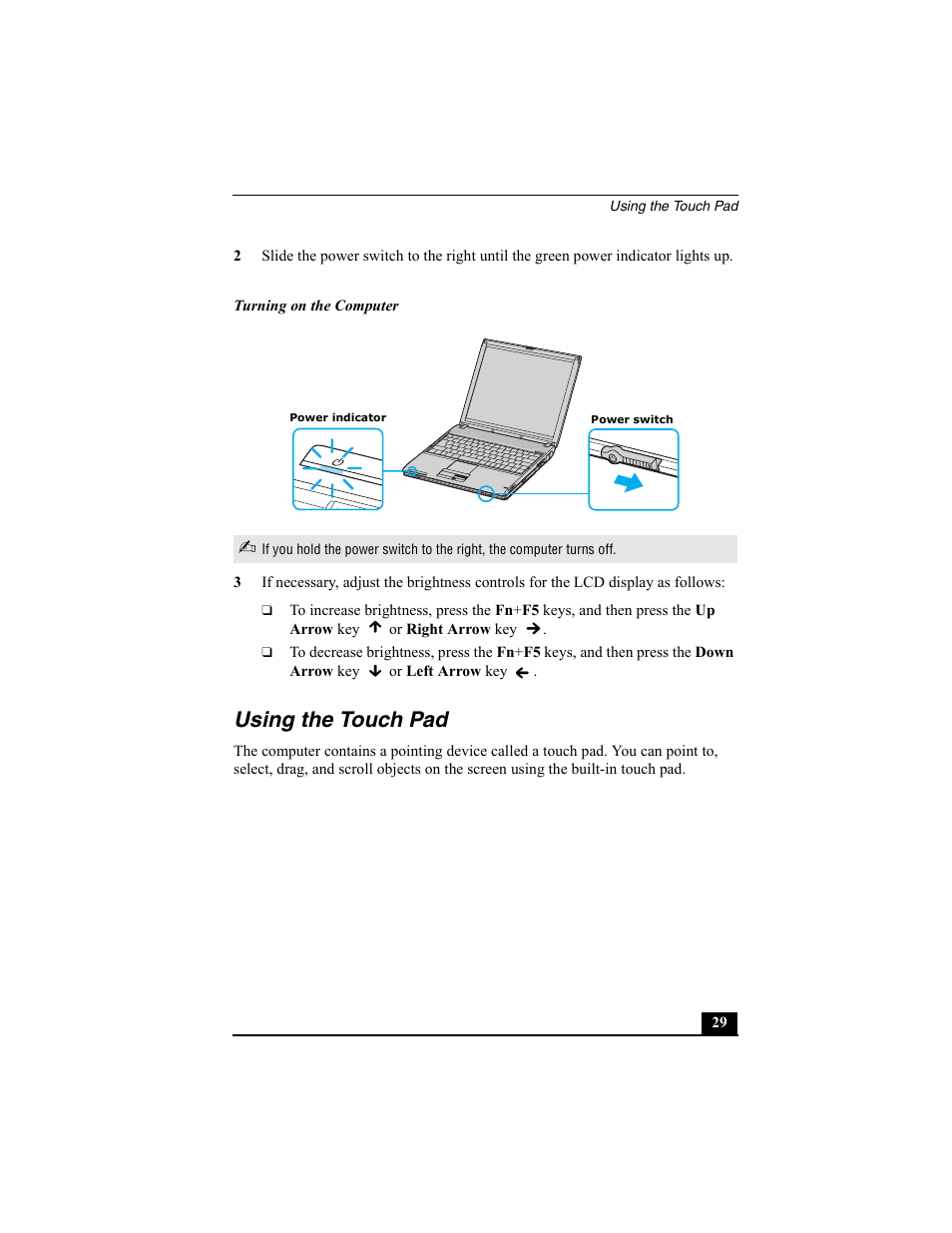 H2 - using the touch pad, Using the touch pad | Sony PCG-V505BC User Manual | Page 29 / 76