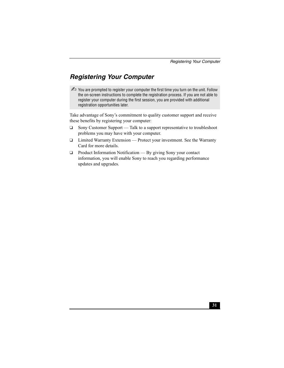 H2 - registering your computer, Registering your computer | Sony PCG-V505BC User Manual | Page 31 / 76