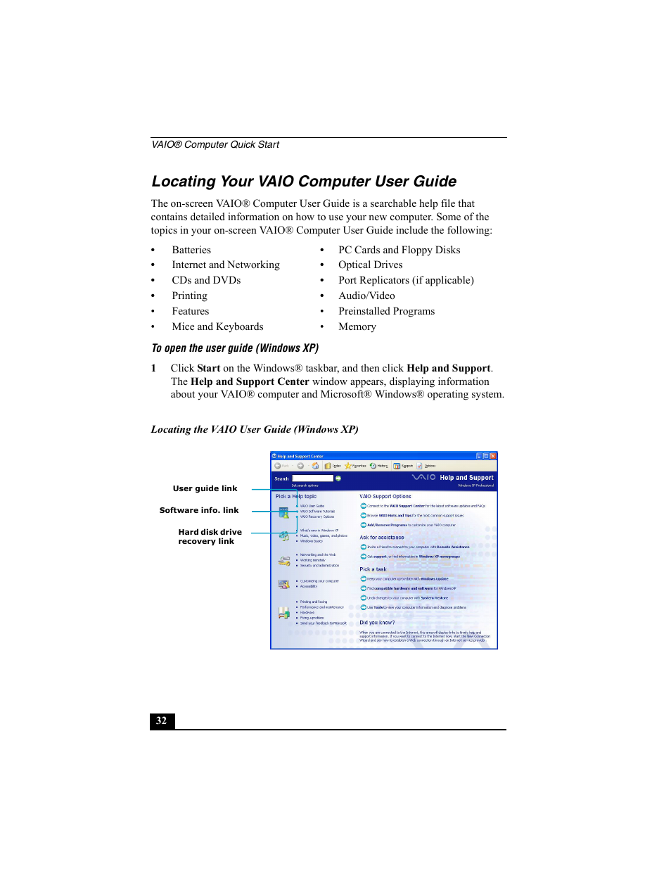 H2 - locating your vaio computer user guide, Locating your vaio computer user guide | Sony PCG-V505BC User Manual | Page 32 / 76