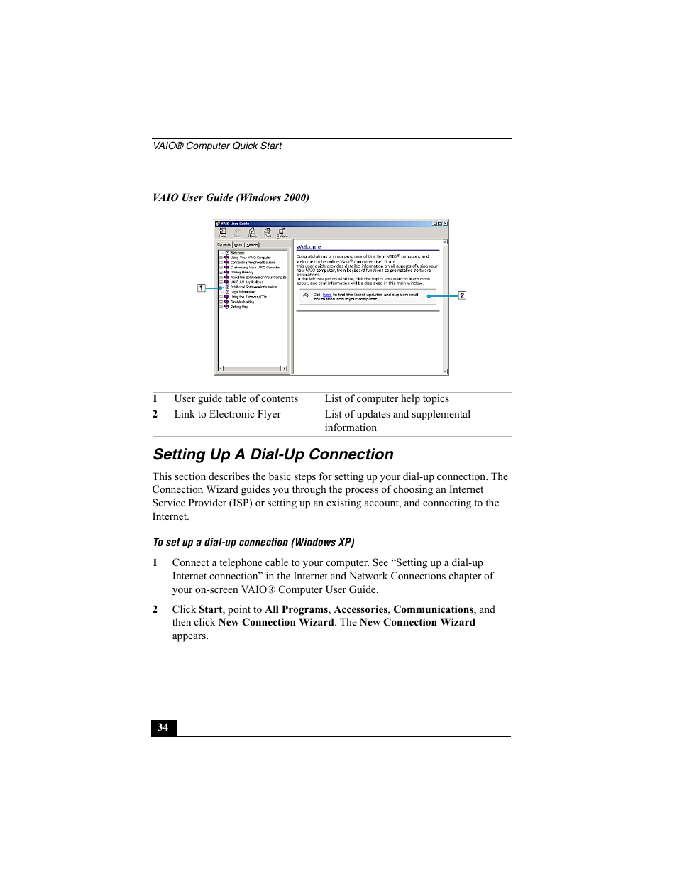 H2 - setting up a dial-up connection, Setting up a dial-up connection | Sony PCG-V505BC User Manual | Page 34 / 76
