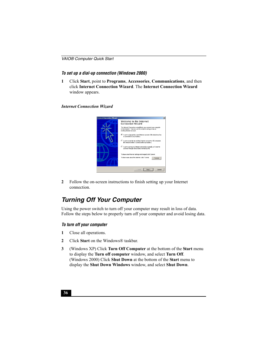 H2 - turning off your computer, Turning off your computer | Sony PCG-V505BC User Manual | Page 36 / 76