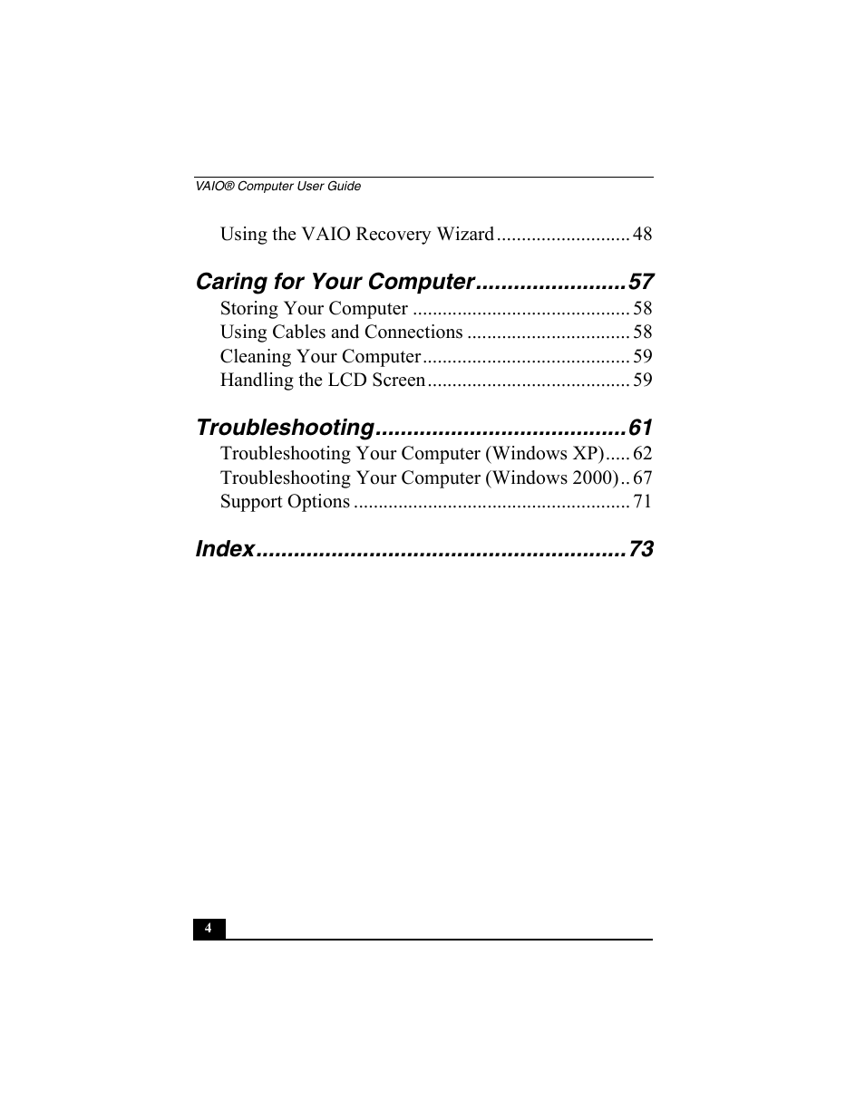 Caring for your computer, Troubleshooting, Index | Sony PCG-V505BC User Manual | Page 4 / 76