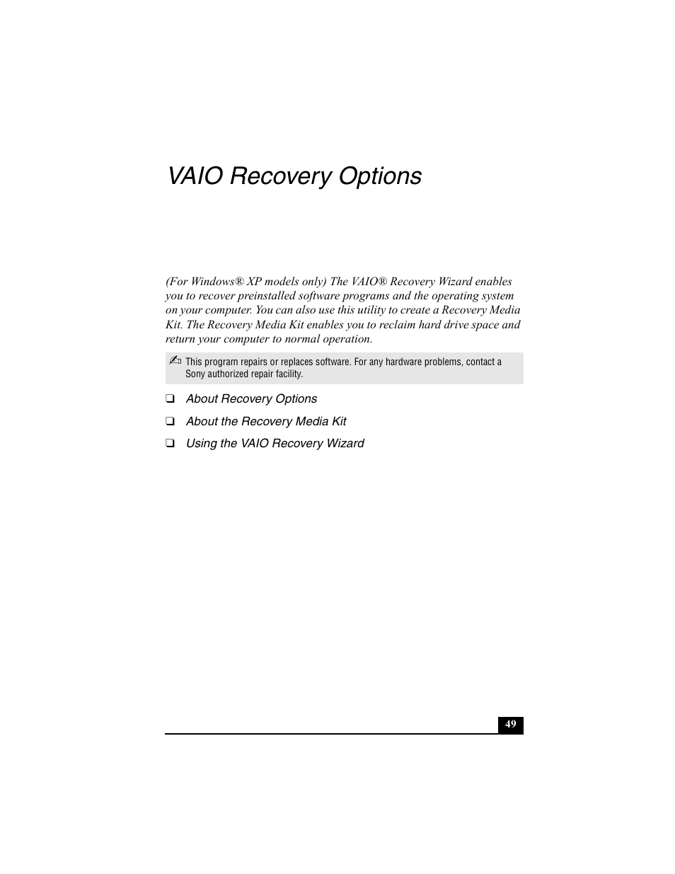 Vaio recovery options | Sony PCG-V505BC User Manual | Page 41 / 76