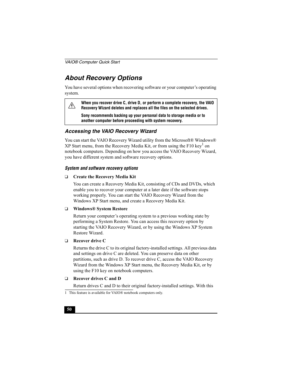 About recovery options, Accessing the vaio recovery wizard | Sony PCG-V505BC User Manual | Page 42 / 76