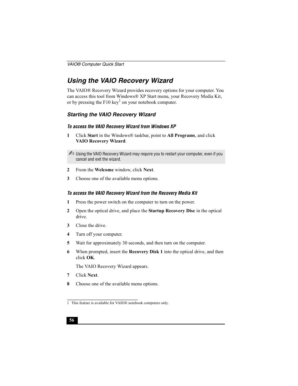 Using the vaio recovery wizard, Starting the vaio recovery wizard | Sony PCG-V505BC User Manual | Page 48 / 76