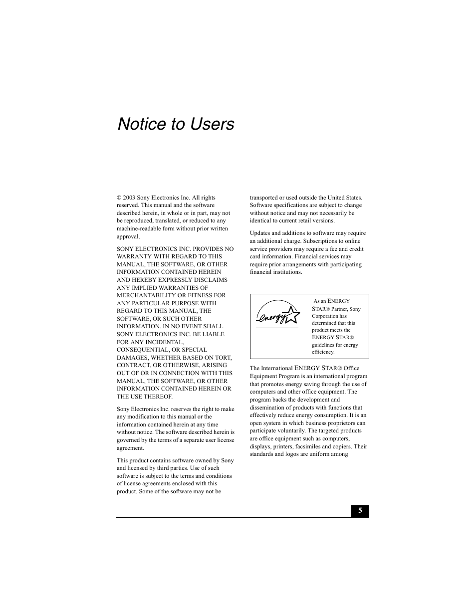 H1 - notice to users, Notice to users | Sony PCG-V505BC User Manual | Page 5 / 76