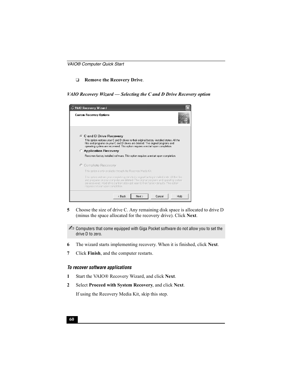 Recover software programs | Sony PCG-V505BC User Manual | Page 52 / 76