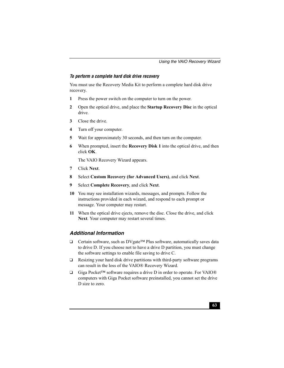 Additional information, Perform a complete hard disk drive recovery | Sony PCG-V505BC User Manual | Page 55 / 76