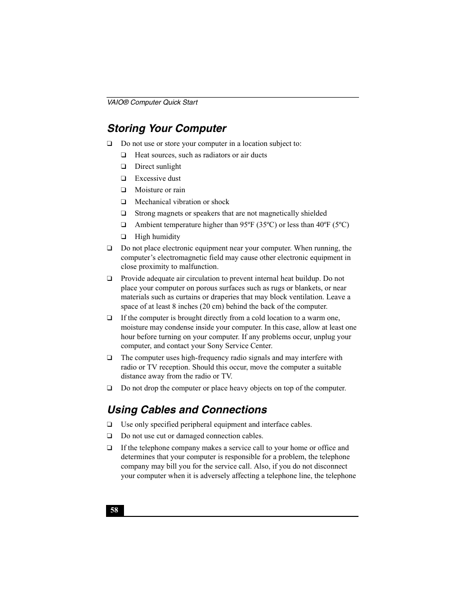 Storing your computer, Using cables and connections, Storing your computer using cables and connections | Sony PCG-V505BC User Manual | Page 58 / 76