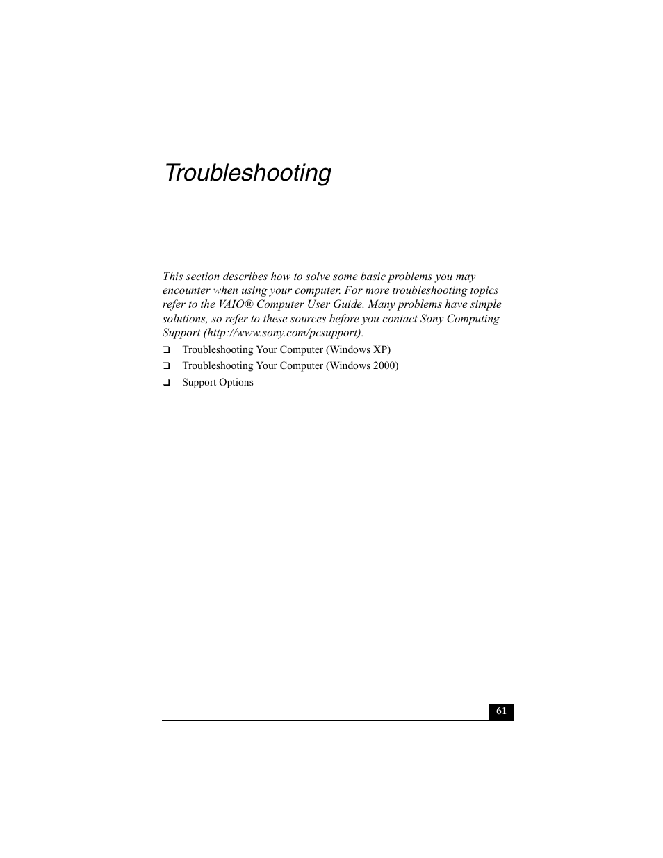 Troubleshooting | Sony PCG-V505BC User Manual | Page 61 / 76