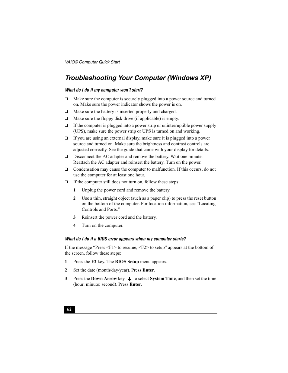 Troubleshooting your computer (windows xp) | Sony PCG-V505BC User Manual | Page 62 / 76