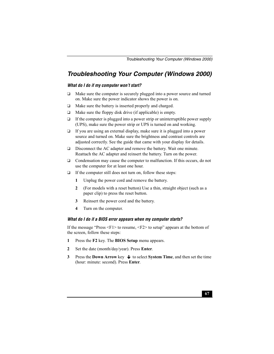 Troubleshooting your computer (windows 2000) | Sony PCG-V505BC User Manual | Page 67 / 76