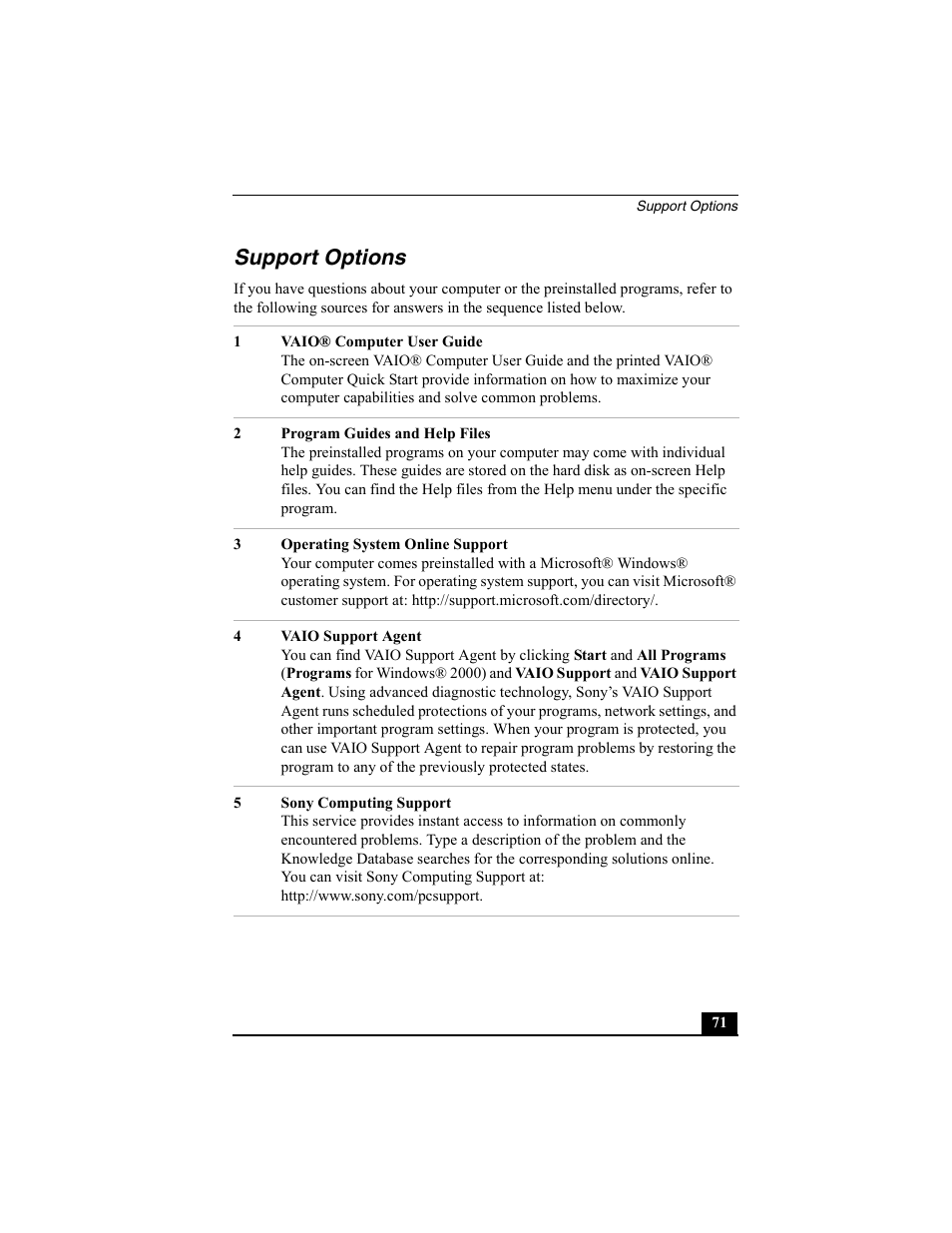 Support options | Sony PCG-V505BC User Manual | Page 71 / 76