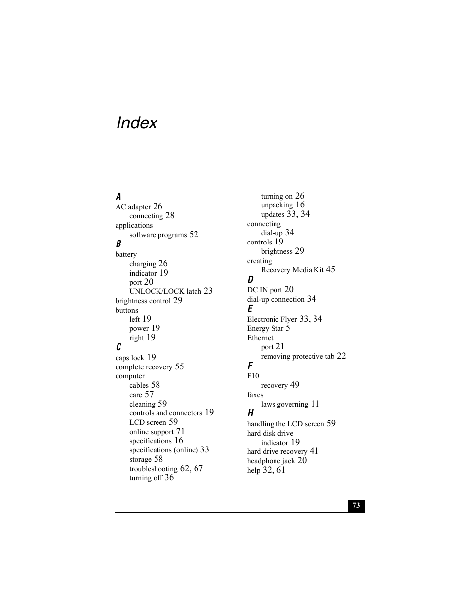 Index | Sony PCG-V505BC User Manual | Page 73 / 76