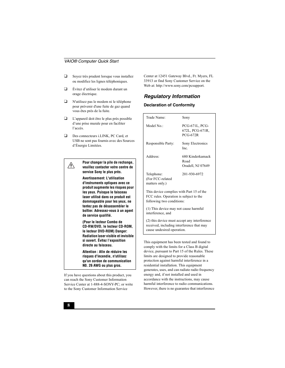 Regulatory information | Sony PCG-V505BC User Manual | Page 8 / 76