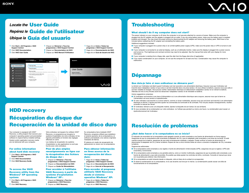 User guide, Guide de l’utilisateur, Guía del usuario | Troubleshooting, Dépannage, Resolución de problemas, Locate the, Repérez le, Ubique la | Sony VGN-C190PB User Manual | Page 2 / 2
