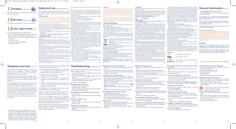 Troubleshooting, Telephone warranty, Profiles | Services, Latin input mode, Safety and use, General information | Alcatel 306A User Manual | Page 2 / 2