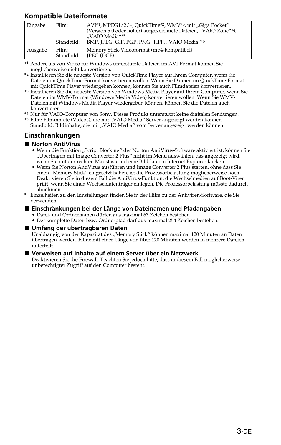 Kompatible dateiformate, Einschränkungen | Sony MSSW-IC2P User Manual | Page 11 / 40